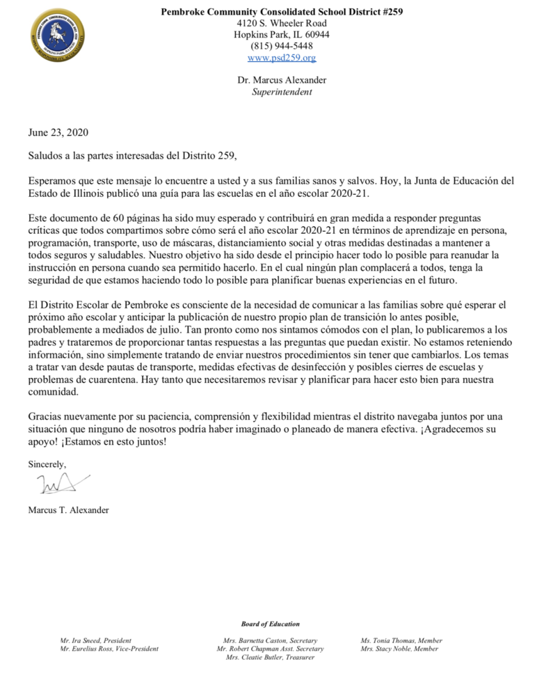 School Reopening Letter 6-23-2020 (SPANISH)