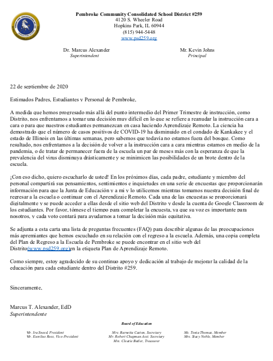School Reintegration Survey Letter (SPANISH)