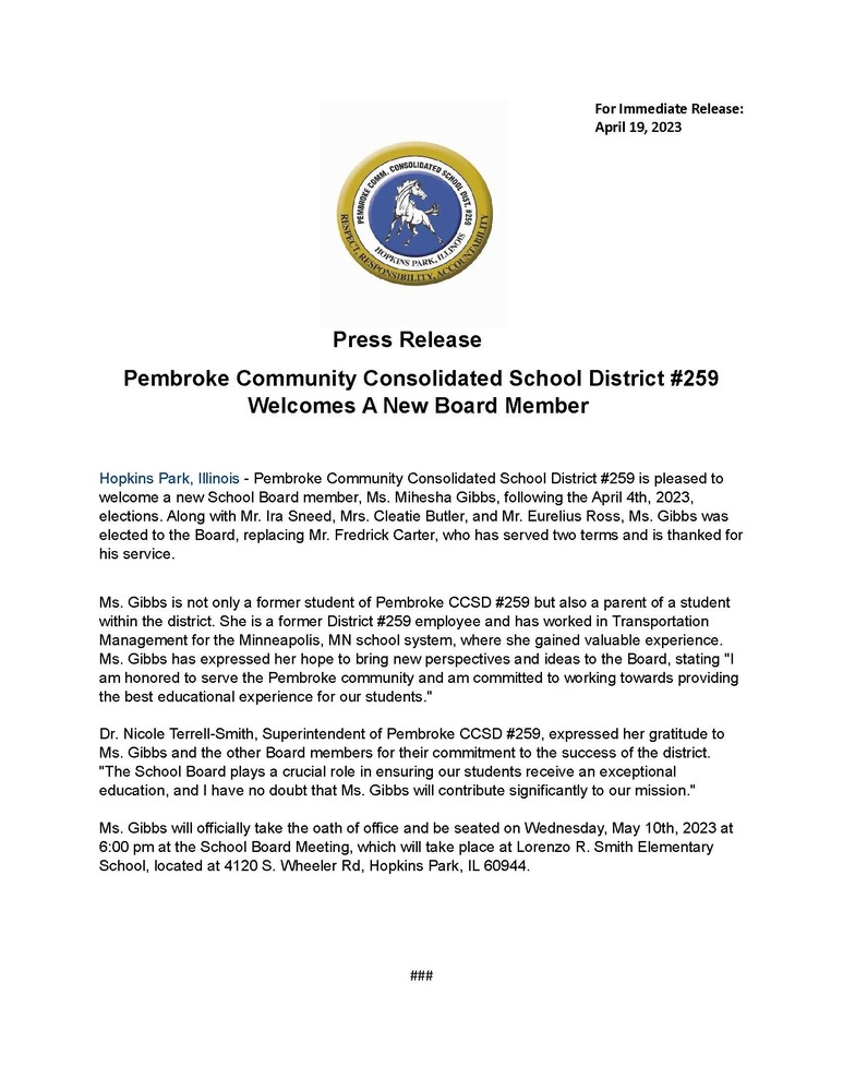 PCCSD#259 Welcome New Board Member