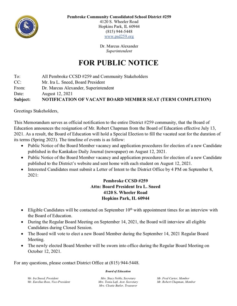 PUBLIC NOTICE BOARD VACANCY LETTER Pembroke Community Consolidated 